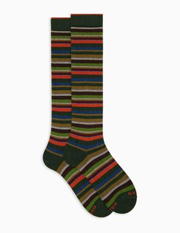 >Calze lunghe uomo cotone e cashmere verde righe multicolor micro AP102852 32728 Gallo 