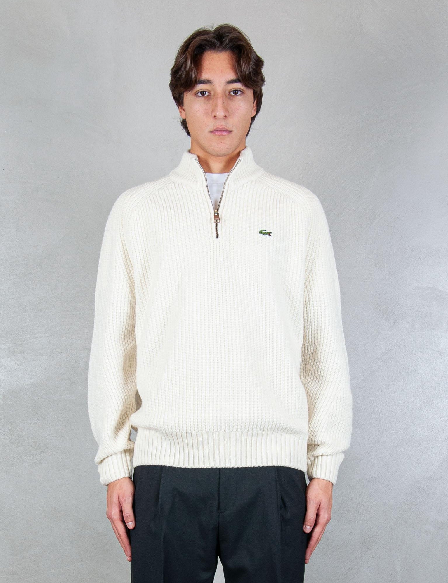 >Maglione half zip a coste in lana cardata AH3134 XFJ Lacoste 