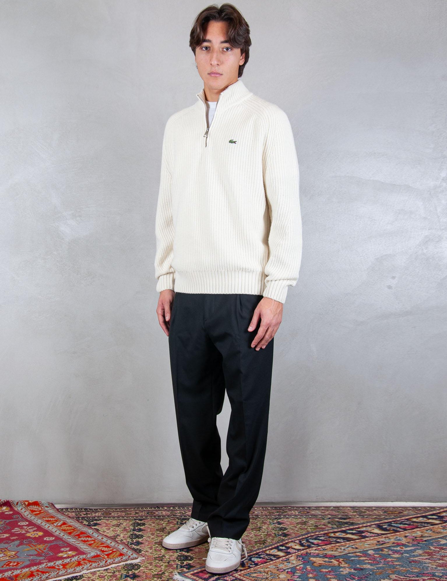 >Maglione half zip a coste in lana cardata AH3134 XFJ Lacoste 