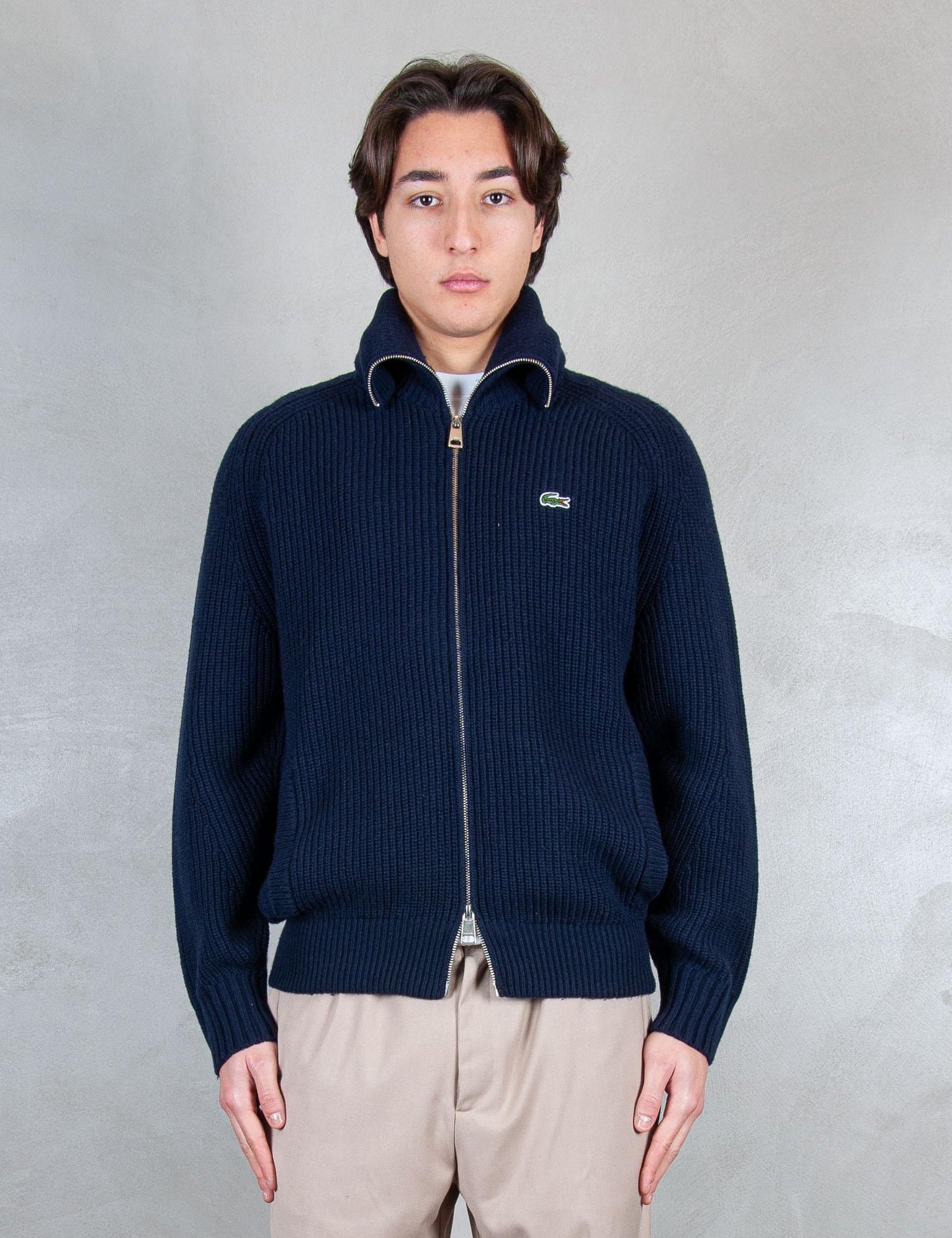 >Maglione zip a coste in lana cardata AH5175 166 Lacoste 