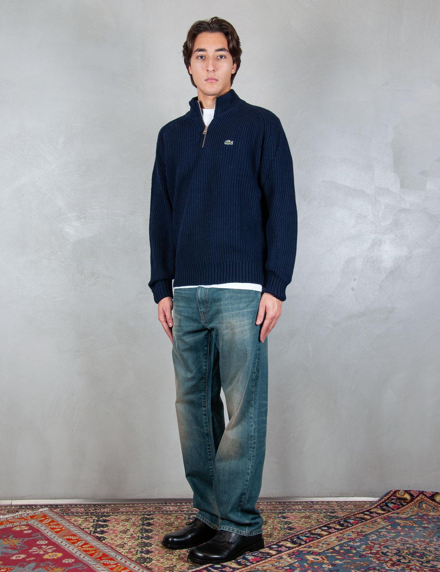 >Maglione half zip a coste in lana cardata AH3134 166 Lacoste 