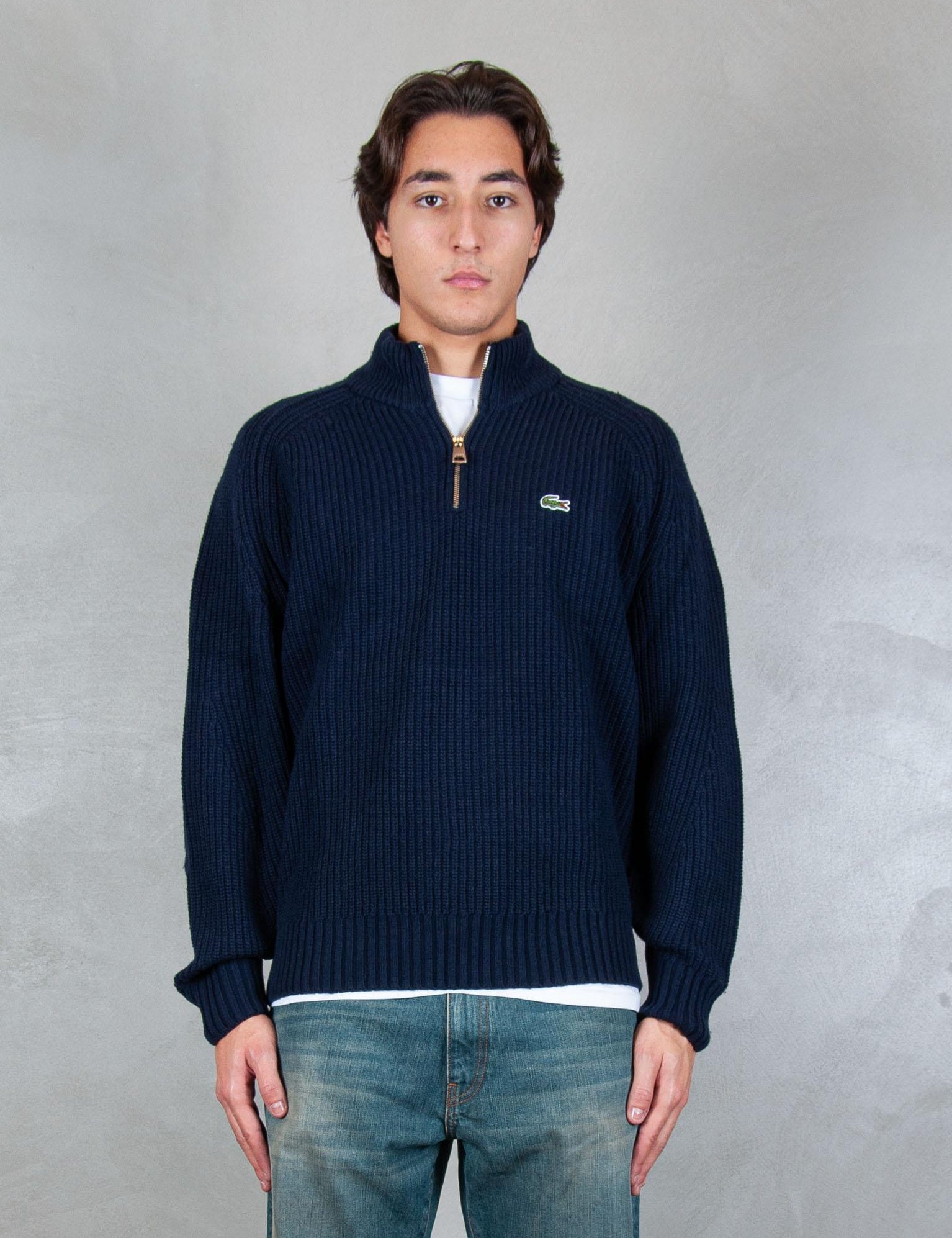 >Maglione half zip a coste in lana cardata AH3134 166 Lacoste 