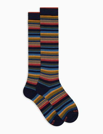 >Calze lunghe uomo cotone e cashmere blu righe multicolor micro AP102852 32430 Gallo 