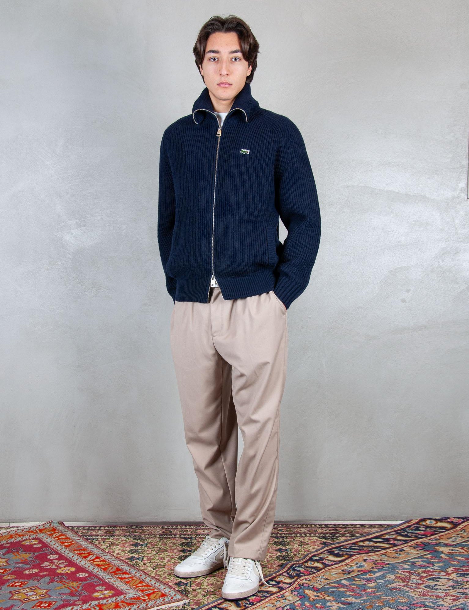 >Maglione zip a coste in lana cardata AH5175 166 Lacoste 